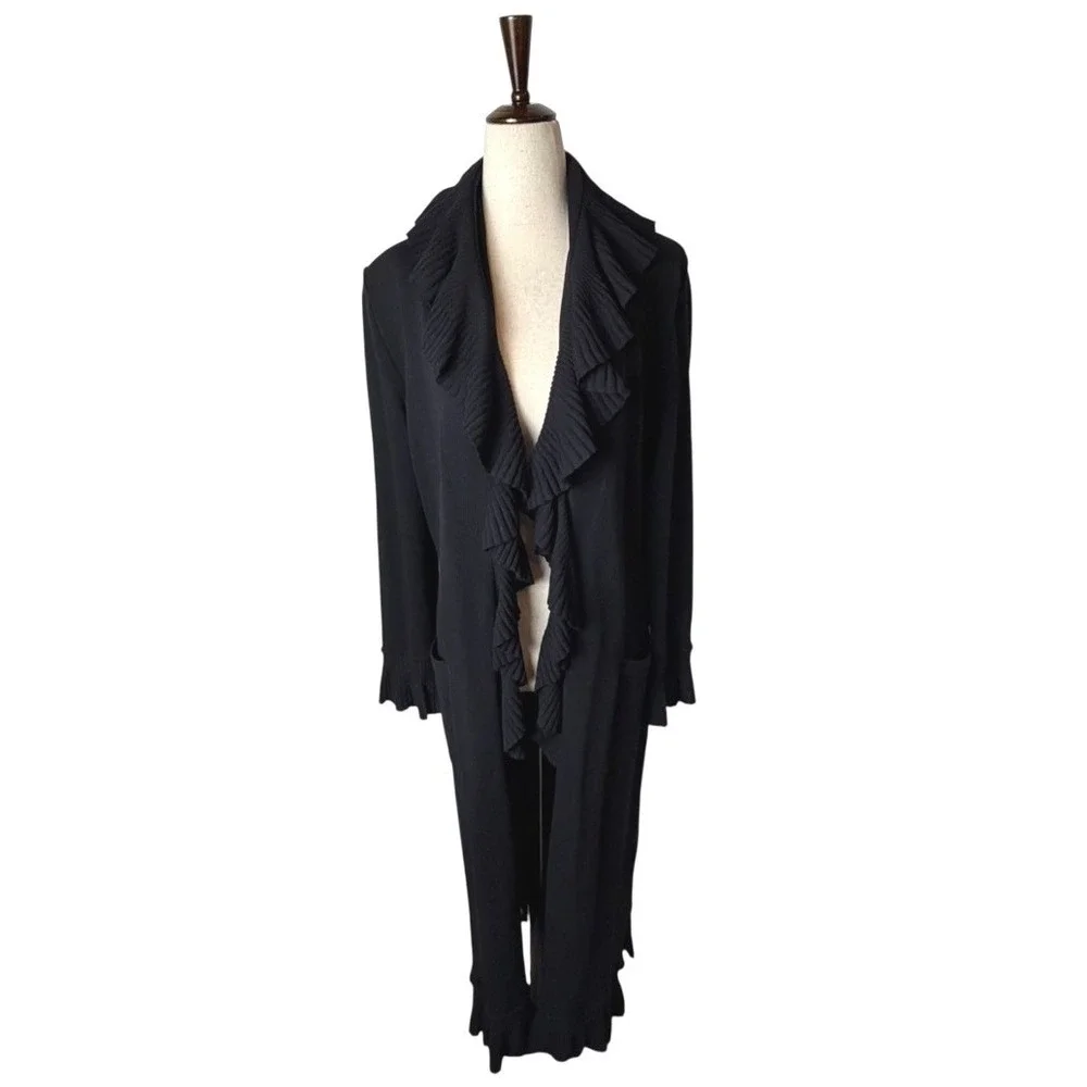 St John Collection Ruffle Knit Maxi Cardigan Women 6 Black Excellent Belted - Picture 2 of 11